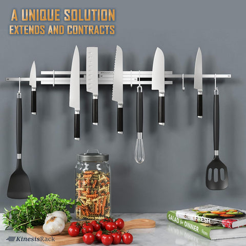 Image of Magnetic Knife Holder for Wall 16'' up to 30 Inches Extended. New Generation of Knife Magnetic Strip Rack with 10 Hooks, Kitchen Utensils Organizer. 4 Powerful Magnet for All Tools Holder