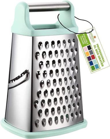 Image of Professional Cheese Grater - Stainless Steel, XL Size, 4 Sides - Perfect Box Grater for Parmesan Cheese, Vegetables, Ginger - Dishwasher Safe - Mint