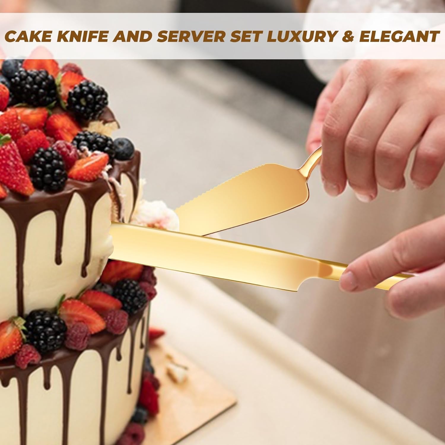 Gold Cake Stand, Metal Dessert Table Display Set Tiered Cupcake Holder Fruit Candy Donut Plate Serving Tower Tray Platter with Tong, Cake Knife and Server Set for Wedding, Birthday Party Decor 11PCS