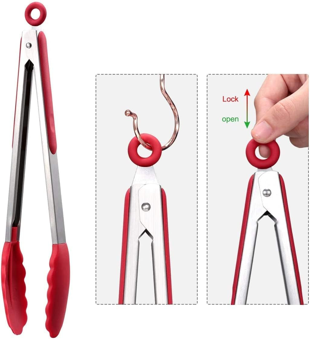 Premium Stainless Steel Locking Kitchen Tongs with Silicon Tips, Set of 3-7", 9" and 12"
