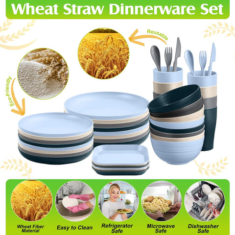 Image of 64 Pcs Wheat Straw Dinnerware Sets Unbreakable Plastic Plates Lightweight Bowls Dishes Cups Knives Forks Spoons Cutlery Dishwasher Microwave Safe for Camping Picnic Kid Adult (Classic Colors)