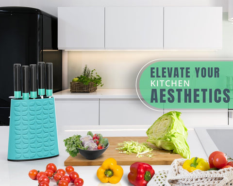 Image of Knife Block for Kitchen Storage W/Removable Bristles - Convenient & Secure Knife Stand for Holding Small & Large Knives- Blue