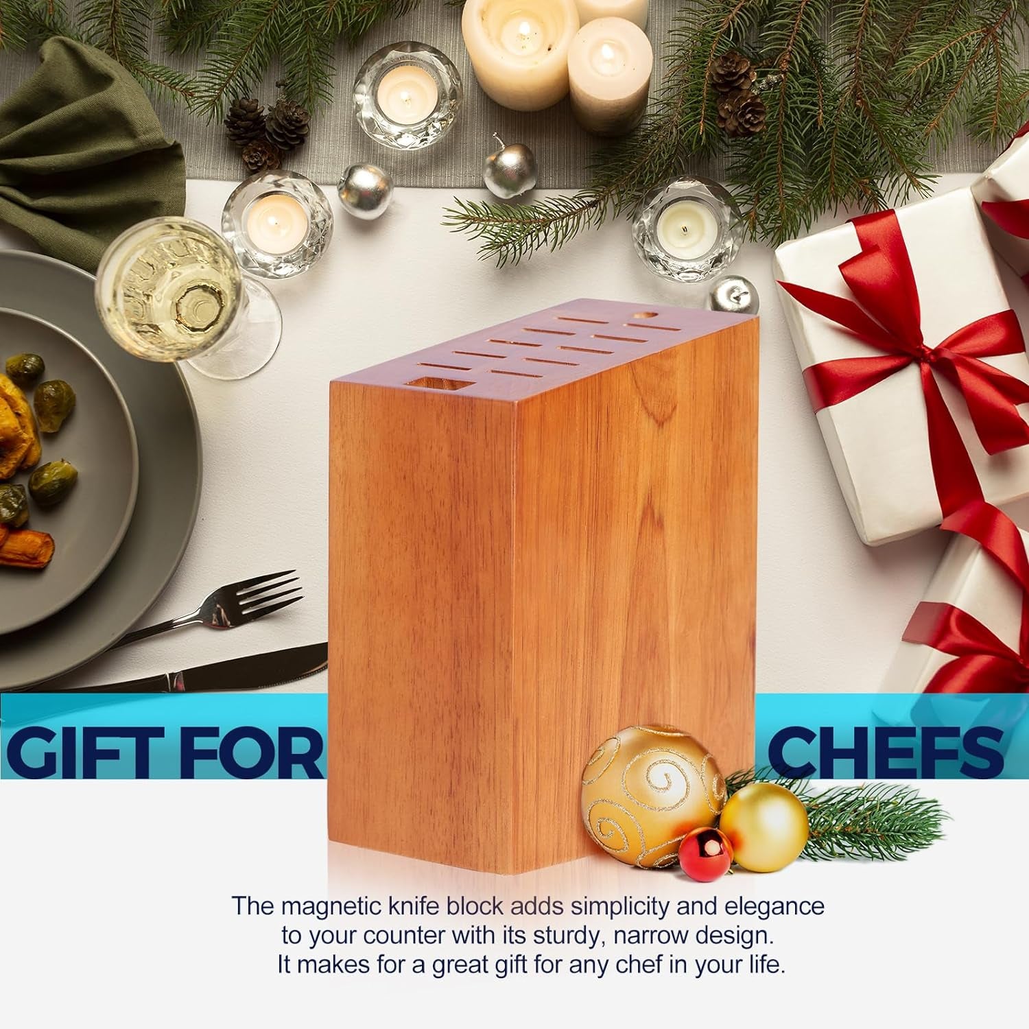 Magnetic Knife Block Holds up to 16 Knives(Not Included), Space Saver Countertop Magnetic Knife Block Holder, Double Sided Magnets Oak Wood Knife Storage