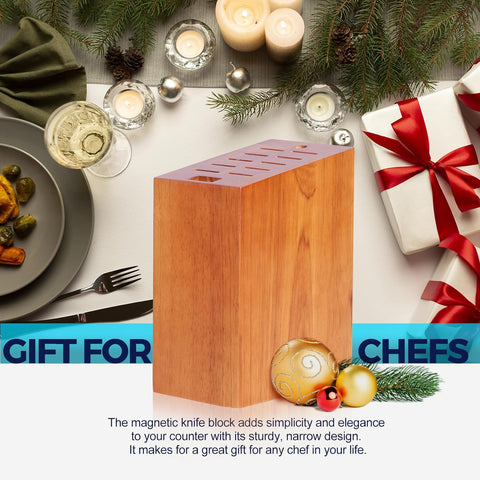 Image of Magnetic Knife Block Holds up to 16 Knives(Not Included), Space Saver Countertop Magnetic Knife Block Holder, Double Sided Magnets Oak Wood Knife Storage