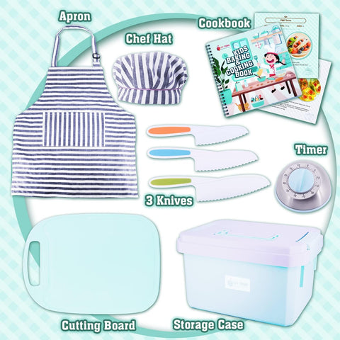 Image of Joytown Kids Cooking and Baking Set with Storage Case – Real Cooking Supplies with Cookbook, Knives, Timer, Kids Baking Kit for Girls & Boys – Complete Utensils Accessories with Chef Apron & Hat