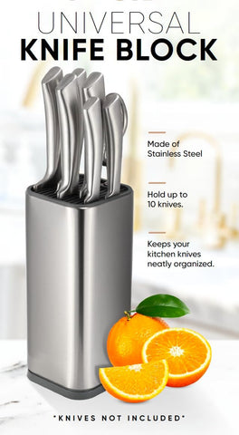 Image of Universal Knife Block Holder, Stainless Steel Organizer with Scissor Slots, Space-Saving Countertop Storage Stand for Any Knife up to 8.10 Inches, (Knives Not in Included) (Silver)