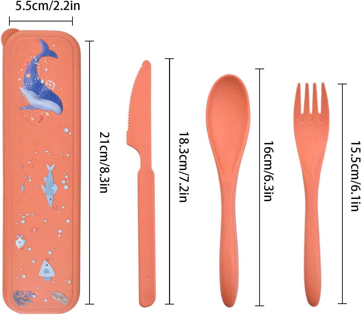 Reusable Utensil Set with Case, 2 Sets Travel Cutlery Set, Wheat Straw Fork Knife Spoon Set, Portable Utensils Set for Camping Picnic Party Work Lunch (Sea Island Cartoon Pattern Design) (Style 2)