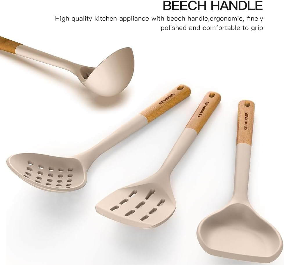 Silicone Kitchen Utensils Set - Heat Resistant Silicone Cooking Utensils for Cooking Wooden Handles, Spatula Set, Kitchen Utensil Tools and Gadgets Sets for Non-Stick Cookware (Khaki)