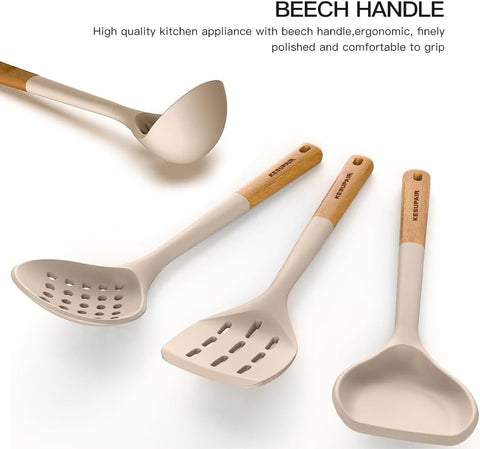 Image of Silicone Kitchen Utensils Set - Heat Resistant Silicone Cooking Utensils for Cooking Wooden Handles, Spatula Set, Kitchen Utensil Tools and Gadgets Sets for Non-Stick Cookware (Khaki)