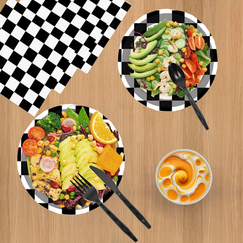 Image of 175 PCS Checkered Flag Party Supplies Disposable Dinnerware -Car Paper Plates Napkins Cups, Black Plastic Forks Knives Spoons for Girls Boys Birthday Baby Shower Decorations,25 Guests