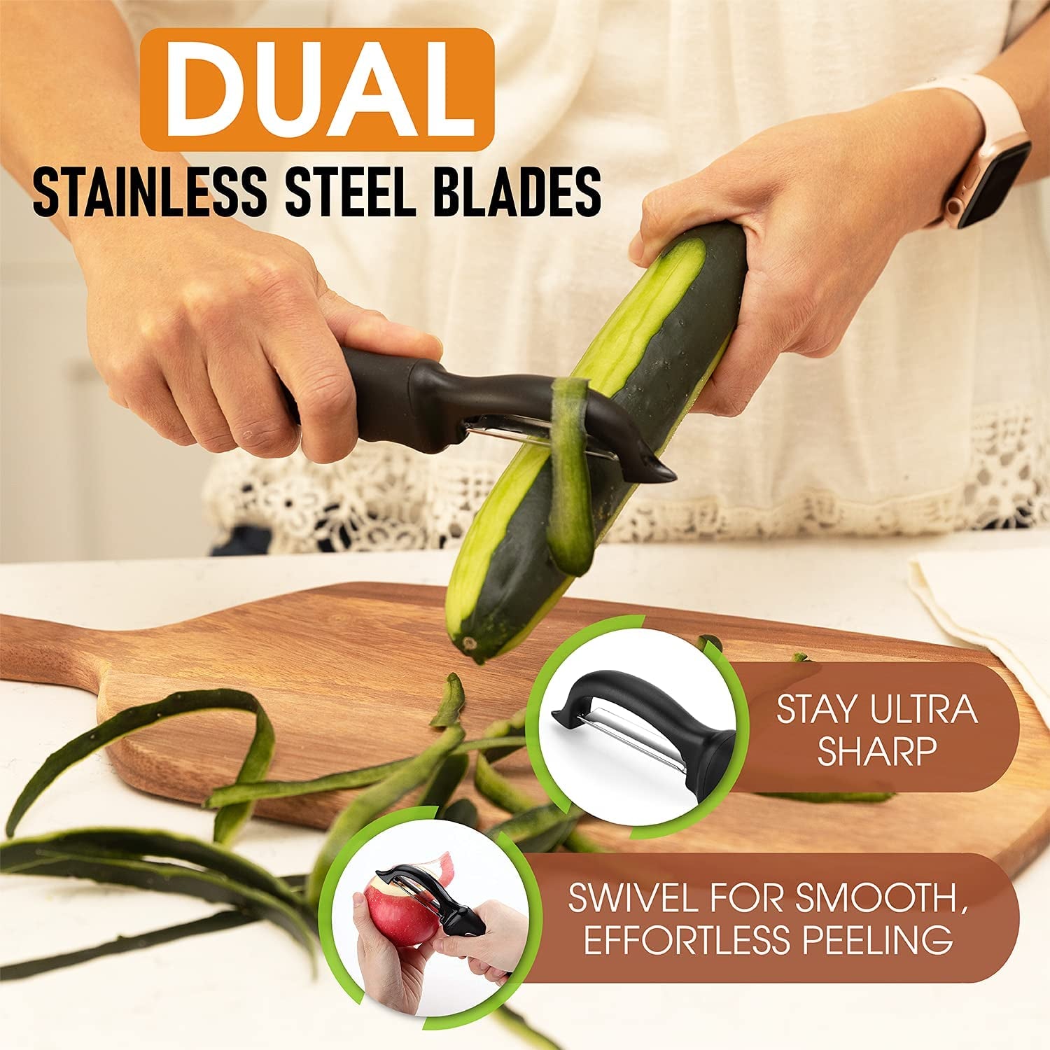 Premium Swivel Vegetable Peeler, Soft Grip Handle and Ultra Sharp Stainless Steel Blades - Perfect Kitchen Peeler for Veggie, Fruit, Potato, Carrot, Apple - Black - Set of 2