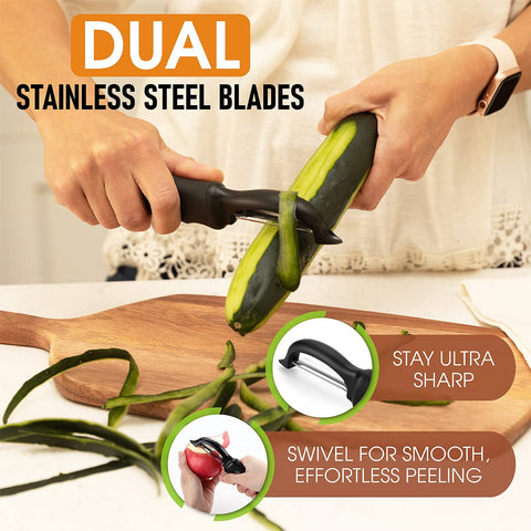 Image of Premium Swivel Vegetable Peeler, Soft Grip Handle and Ultra Sharp Stainless Steel Blades - Perfect Kitchen Peeler for Veggie, Fruit, Potato, Carrot, Apple - Black - Set of 2