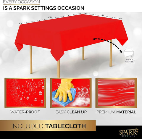 Image of Red Party Supplies Set Paper Plates Plastic Cups Forks Knives Spoons Napkins Tablecloth Serves 20 Guests Disposable Dinnerware Set of 222 Pieces, Complete Tableware for Party - by