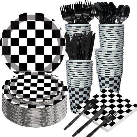 Image of 175 PCS Checkered Flag Party Supplies Disposable Dinnerware -Car Paper Plates Napkins Cups, Black Plastic Forks Knives Spoons for Girls Boys Birthday Baby Shower Decorations,25 Guests