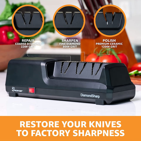 Image of Electric Knife Sharpener for Kitchen Knives, Powerful Motor with Precision Guides and Professional Diamond Abrasives, Expert Automatic Angle Detection for Sharper Knives Black