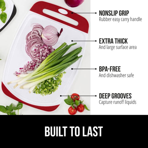 Image of The Original  Oversized 100% BPA Free Reversible Durable Kitchen Cutting Board Set of 3, Dishwasher Safe, Nonslip Handle Border Plastic Boards, Juice Grooves, Chopping Food, Cooking, Red