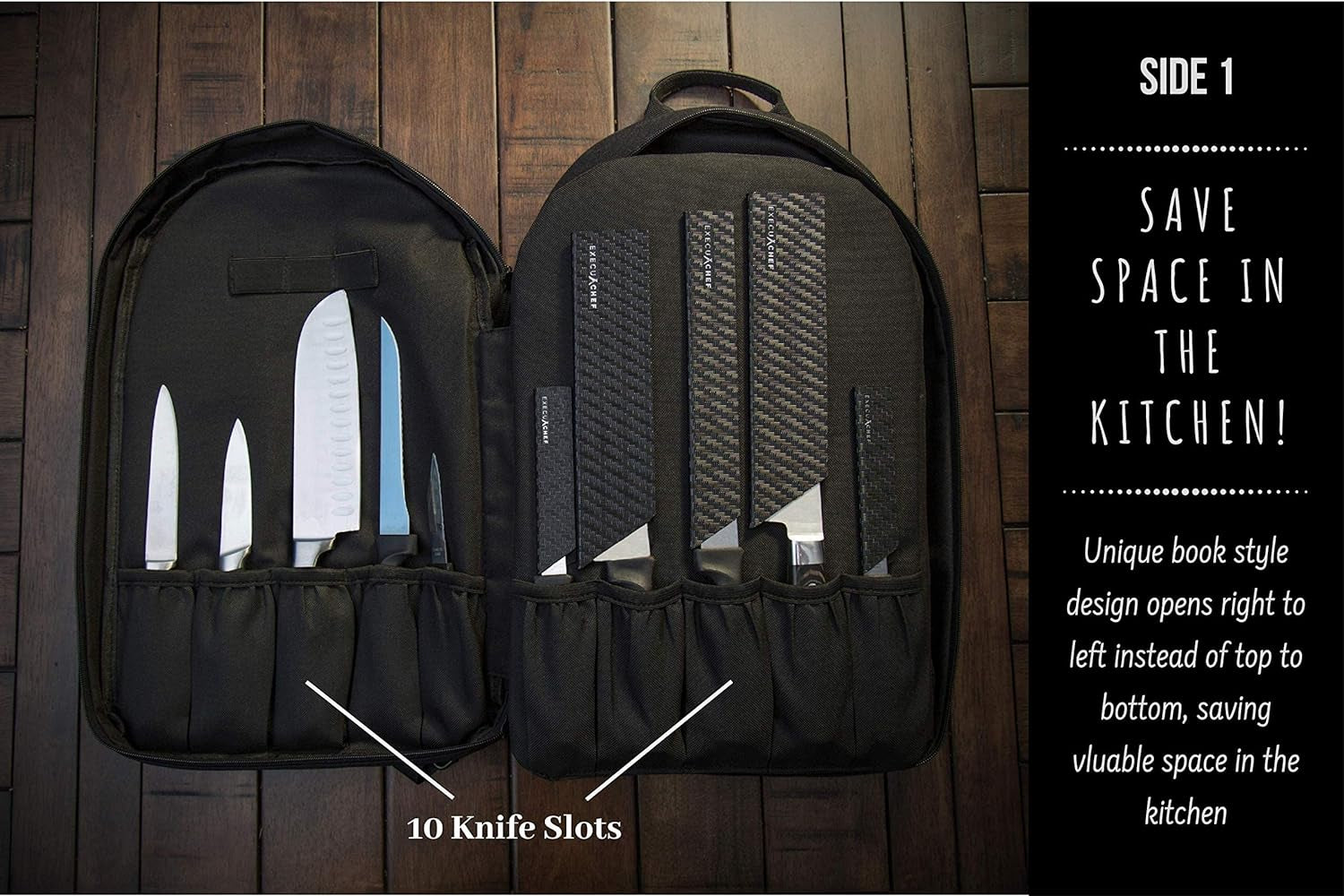 Execuchef Knife Bag with 29 Pockets for Knives and Kitchen Utensils | Business Card Holder and Lock | Water Resistant and Durable Ballistic Nylon Backpack for Professional Chefs and Culinary Students