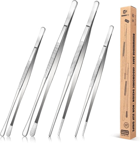 Image of 4 Pcs Kitchen Fine Tweezer Tongs, 12'' and 10'' Stainless Steel Food Tweezers Set, Professional Kitchen Long Tweezer for Cooking, Repairing, Sea Food and BBQ