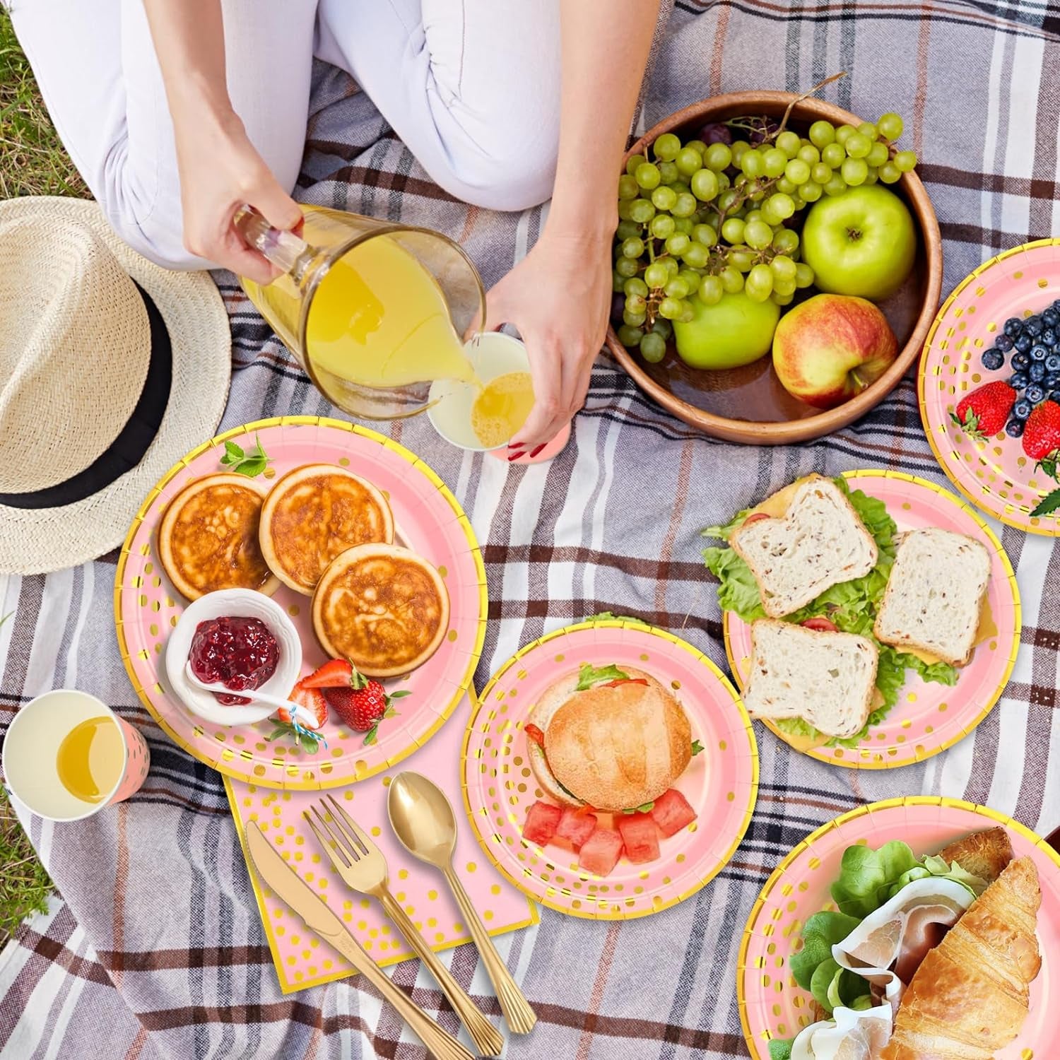 Pink Gold Paper Party Supplies,350Pcs Golden Dot Paper Tableware Serve 50,Include Paper Plates,Napkins,Cups,Forks,Knives,Spoons,For Baby Shower,Girls Birthday,Anniversary,Wedding