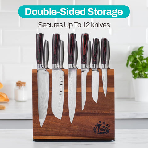 Image of Magnetic Knife Block Holder Rack - Acacia Wood Cutlery Storage for 12 Knives Double Sided Magnets & Non-Slip Base - Knives Not Included