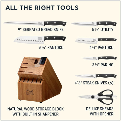 Image of Ellsworth (13-PC) Kitchen Knife Block Set with Wooden Block & Built-In Sharpener, Ergonomic Handles and Stainless Steel Professional Chef Knife Set & Scissors with Bottle Opener