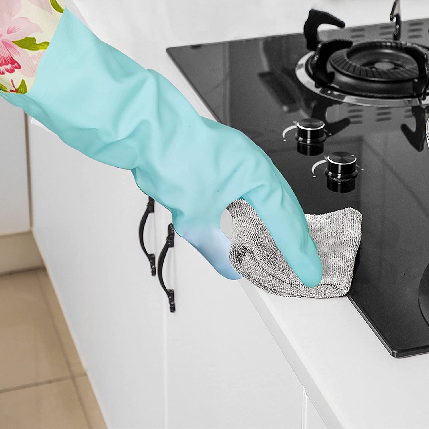 Rubber Latex Waterproof Dishwashing Gloves,2 Pair Medium Long Cuff Flock Lining Household Cleaning Gloves