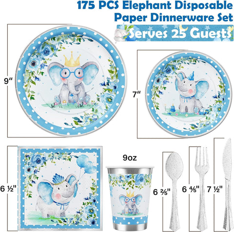 Image of Elephant Baby Shower Decorations for Boy - 175PCS Blue Elephant Party Supplies Disposable Dinnerware (25 Guest) with Paper Plates Cups Napkins Plastic Forks Knives Spoons for Baby Boy Birthday