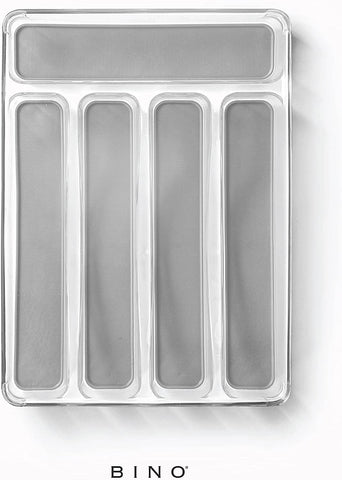 Image of 5-Slot Silverware Organizer for Drawer | Plastic Utensil Kitchen Drawers Tray Organization W/Grip Lining (Light Grey)