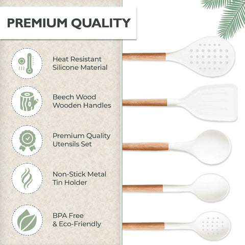 Image of White Silicone Cooking Utensils, White Kitchen Utensils, White Cooking Utensils Set | Silicone Spatula, Tongs, Ladle, Serving Spoons-Non-Stick, BPA Free Kitchen Utensils Set with Holder - 11 Pc