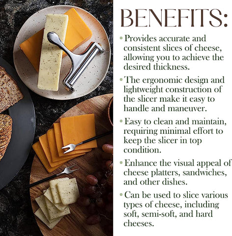 Image of Stainless Steel Wire Cheese Slicer - Hand Held Cheese Cutter for Cheddar, Gruyere, Raclette, Mozzarella Cheese Block, Adjustable Cheese Shaver, Thick & Thin Slicer, Cheese Curler (Silver)