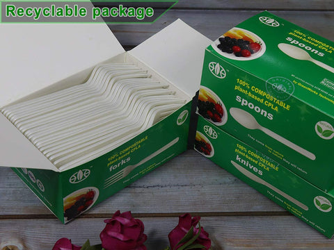 Image of 300 Count 7" Heavy-Duty Compostable Cutlery Set,100 Forks 100 Spoons 100 Knives,Bpi Certified Large T Disposable Bio-Based Cutlery