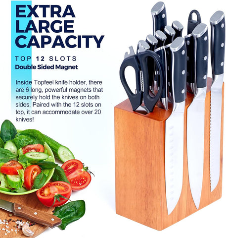Image of Magnetic Knife Block Holds up to 16 Knives(Not Included), Space Saver Countertop Magnetic Knife Block Holder, Double Sided Magnets Oak Wood Knife Storage