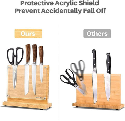 Image of Magnetic Knife Block Double Side Knife Holder Bamboo Knife Stand for Kitchen Cutlery Display Rack and Organizer with Acrylic Shield Double Side Storage Strongly Magnetic without Knives,10 Inch