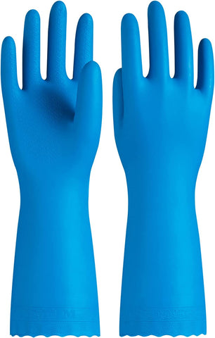Image of Reusable Dishwashing Cleaning Rubber Gloves, Dish Washing Gloves with Flocked Cotton Liner, Kitchen Gloves, Latex Free, Blue, Medium