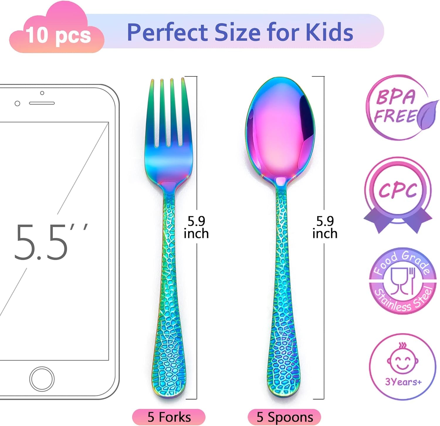 14-Piece Kids Silverware Set, Rainbow Toddler Utensils Flatware Set, Stainless Steel Child Preschooler Cutlery Set, Includes 7 Kids Spoons, 7 Kids Forks, Dishwasher Safe