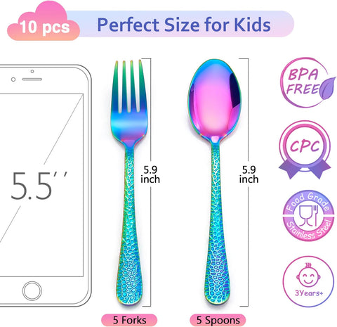 Image of 14-Piece Kids Silverware Set, Rainbow Toddler Utensils Flatware Set, Stainless Steel Child Preschooler Cutlery Set, Includes 7 Kids Spoons, 7 Kids Forks, Dishwasher Safe