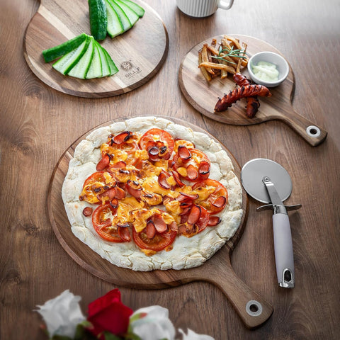Image of BILL.F Acacia Pizza Peel, Set of 3 Acacia Wood Cutting Board 8" 10" 12" Inch Cutting Board, Cheese Paddle Board, Bread and Crackers Platter for Serving and Minor Food Prepare with Handle and Organizer