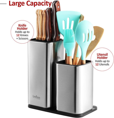 Image of Knife Holder and Utensil Holder - Stainless-Steel Modern Rectangular Design Universal Knife Block and Kitchen Utensils Organizer for Counter-Top