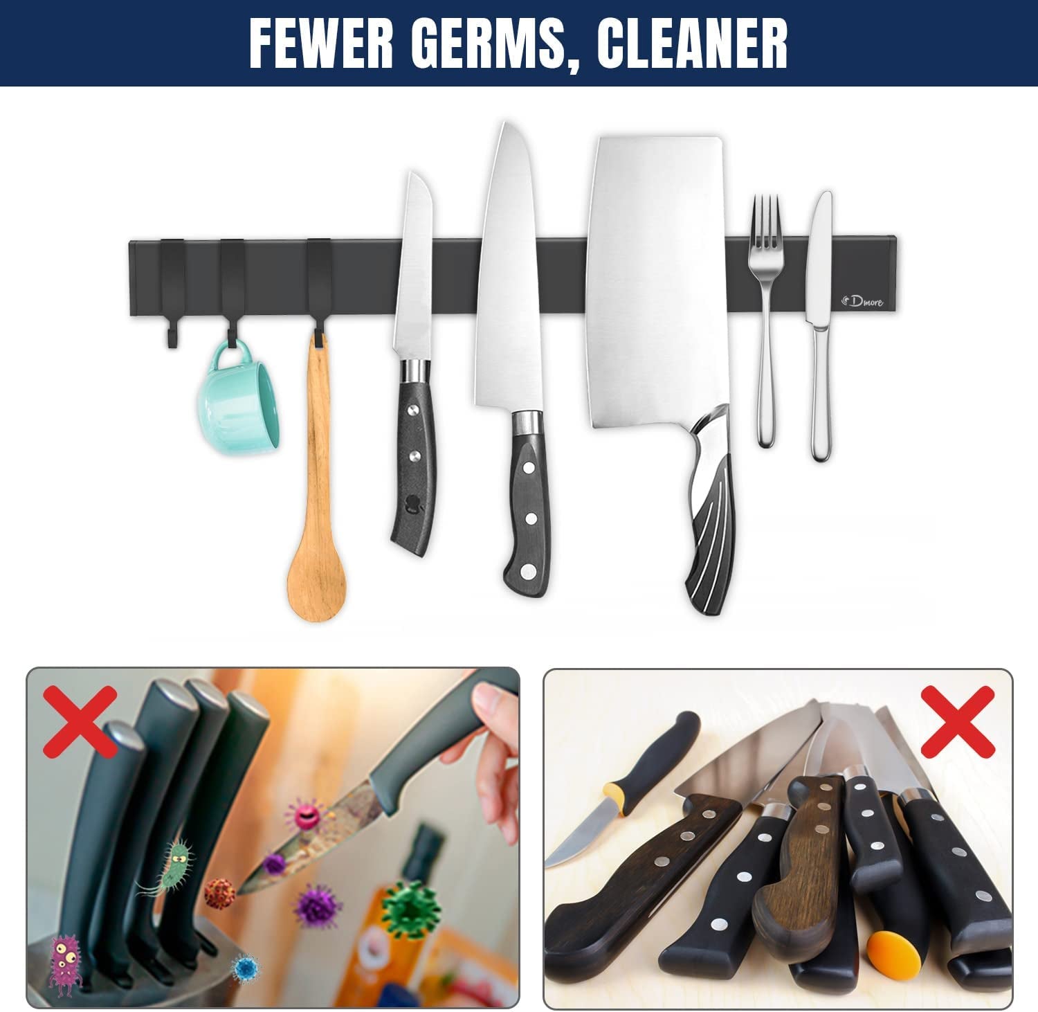 Magnetic Knife Holder for Wall—With 3 Hooks, No Drilling 16 Inch Black Knife Magnetic Strip, Powerful Knife Magnet Rack, Include Adhesive Tape and Screws for Knives, Utensils, and Tools