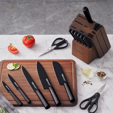 Image of Home Knife Storage Block, Walnut Wooden Knife Block Holder, Universal Kitchen Knife Blocks with Built-In Sharpener, 14 Slots Knife Holder for Kitchen Counter, without Knives