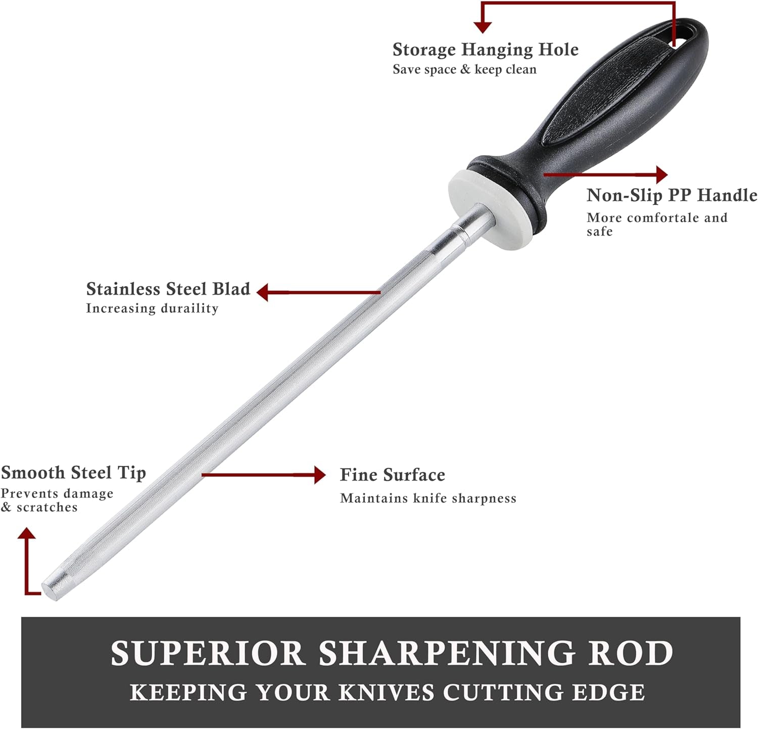 Knife Sharpener Rod,  12 Inch Knife Sharpening Steel, Knife Sharpening Rod with Ergonomic PP Handle (Black)