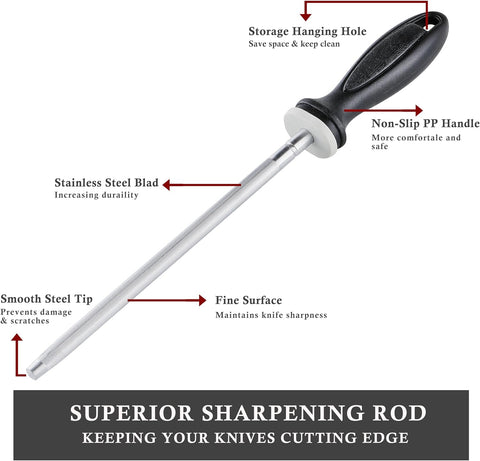 Image of Knife Sharpener Rod,  12 Inch Knife Sharpening Steel, Knife Sharpening Rod with Ergonomic PP Handle (Black)