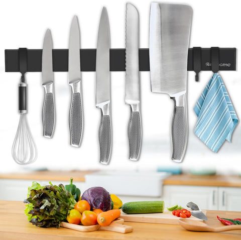 Image of Magnetic Knife Holder for Wall 17 Inch, No Drilling Black Knife Magnetic Strip with 3 Hooks, Strong Magnet Knife Holder Strip, Magnetic Knife Rack Bar for Kitchen Knives and Tools
