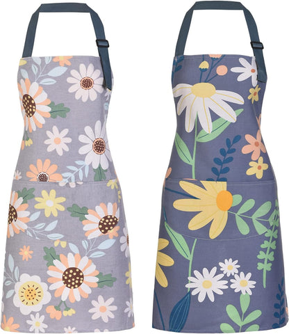 Image of 2 Pack Floral Apron for Women with Pockets, Adjustable Cotton Chef Aprons for Kitchen, Cooking, BBQ & Grill