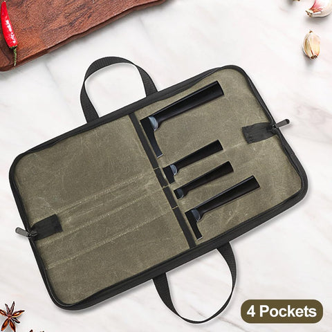 Image of Knife Bag, Chefs Knife Roll Bag, Durable Waxed Canvas Knife Bag with Zipper Pocket, Portable Chefs Knife Cases Cutlery Knives Holders Protectors, Knife Roll for Knives & Kitchen Tools(Green)