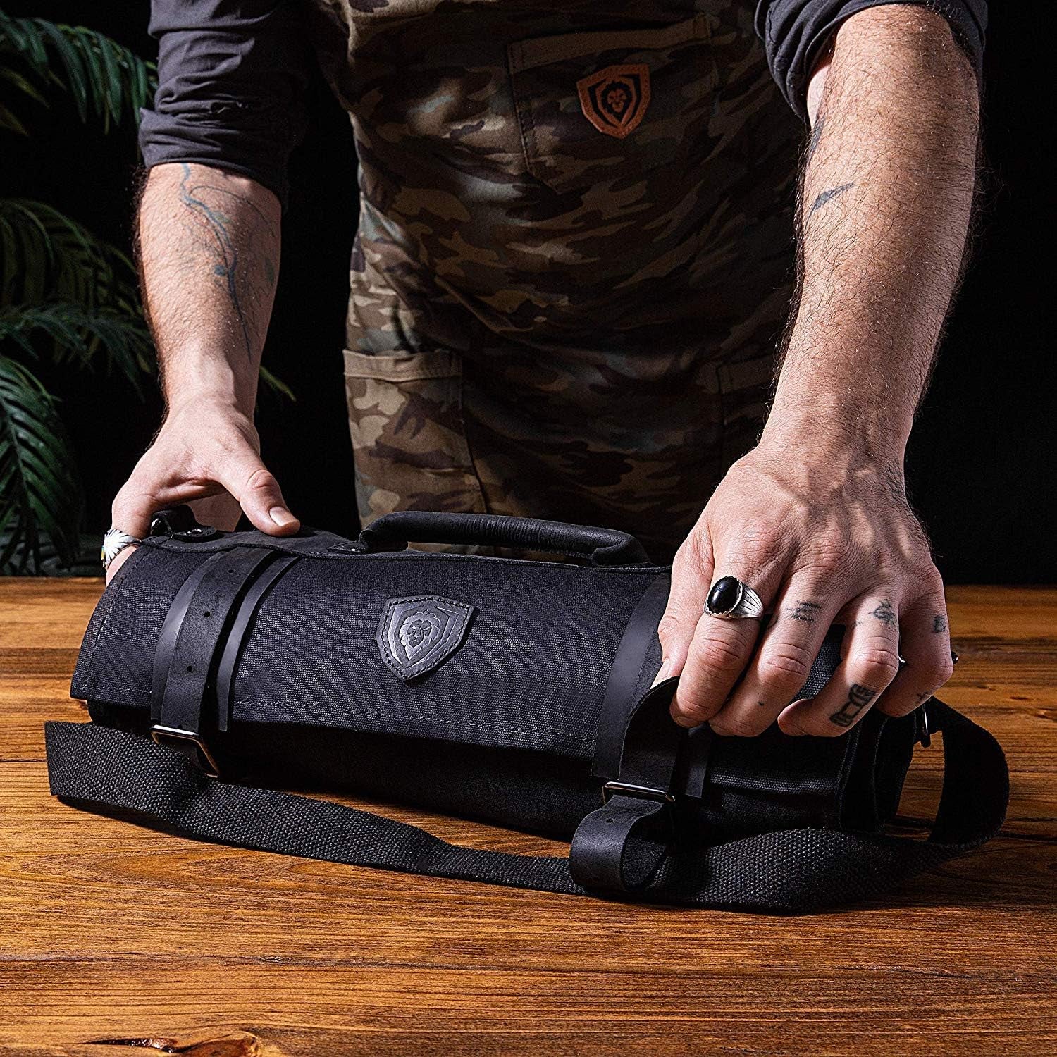 Carrier Bag Case, Nomad Knife Roll - 12Oz Heavy Duty Canvas & Top Grain Leather Roll Bag - 13 Slots - Interior and Rear Zippered Pockets - Blade Travel Storage/Case - Nightmaster (Black)