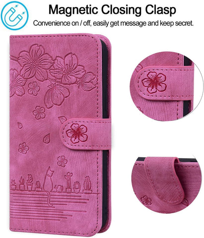 Image of Flip Case for Samsung Galaxy A24 6.5 Inch Cover, Premium PU Leather Magnetic Closure Case with Flip Wallet Stand Function Cover for Galaxy A24 - Cherry Cat Rose Red