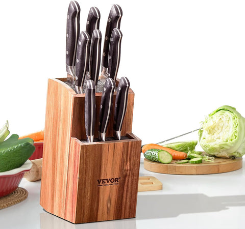Image of Universal Knife Holder, Acacia Wood Knife Block without Knives, Two-Tier Knife Storage Stand with PP Brush, Extra Large Multifunctional Wooden Knife Organizer, Knife Rack for Kitchen Counter