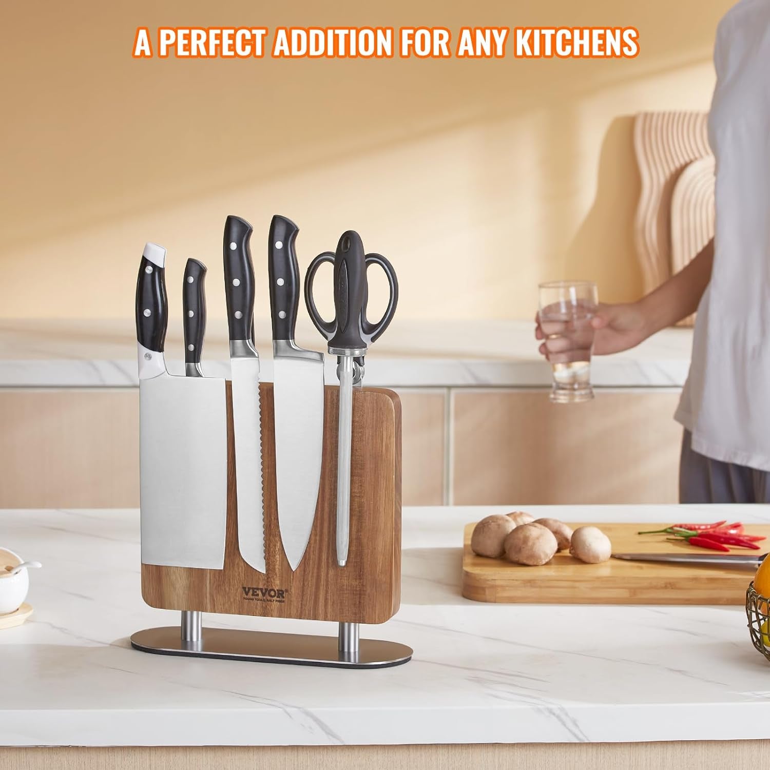 Magnetic Knife Block, 10 Inch Home Kitchen Knife Holder, Double Sided Magnetic Knife Stand, Multifunctional Storage Acacia Wood Knives Rack, Cutlery Display Organizer for Knives, Utensils, Tools