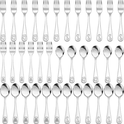 Image of 36 Pcs Kids Silverware Set Toddler Utensils Stainless Steel Safe Forks and Spoons 16 Kids Forks 16 Kids Spoons Children Metal Cutlery Set Baby Flatware Sets (Silver)